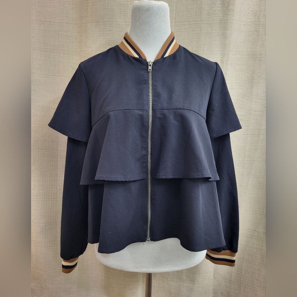 Sugar Lips Women's Cropped Swing Jacket‎ Navy Blue Zip Front Loose Size Small